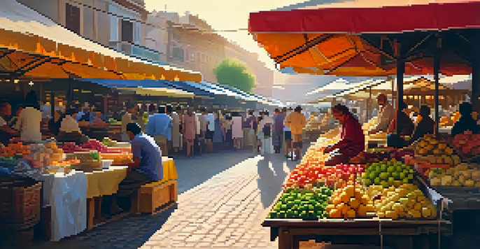 A solo traveler sits on a bench in a lively market square, surrounded by colorful stalls and a diverse crowd during sunset.