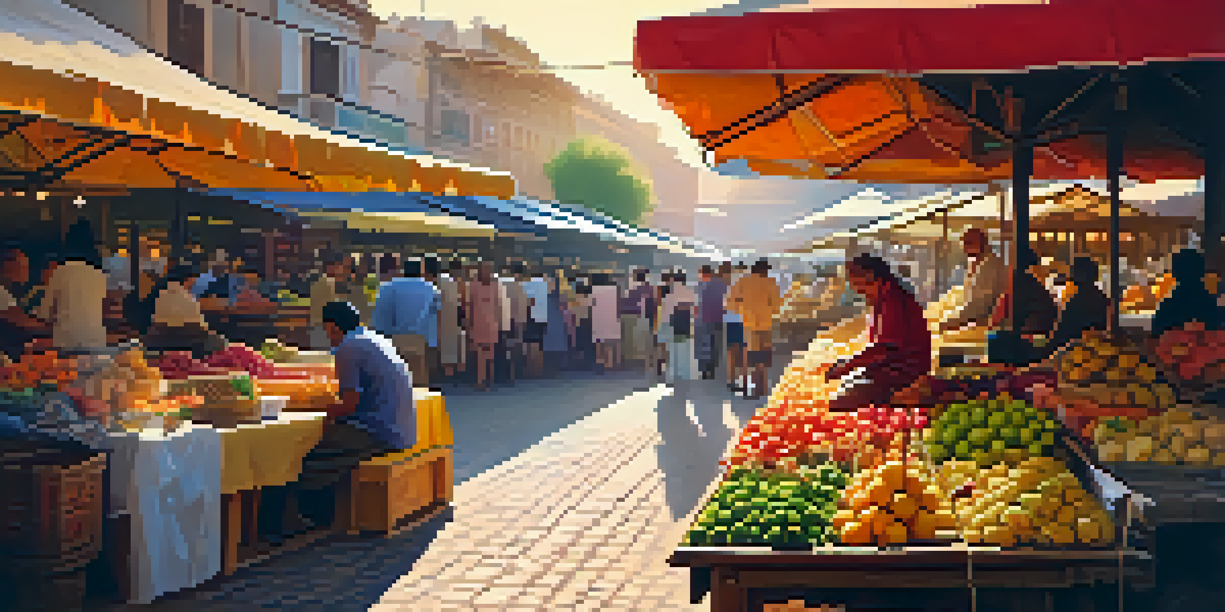 A solo traveler sits on a bench in a lively market square, surrounded by colorful stalls and a diverse crowd during sunset.