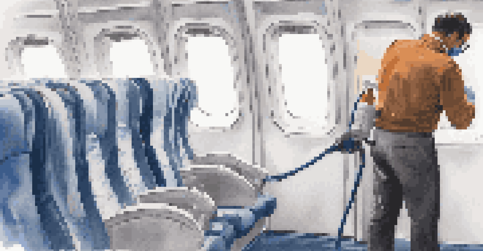 A close-up image of an electrostatic sprayer disinfecting airplane seats, emphasizing cleanliness and safety measures.