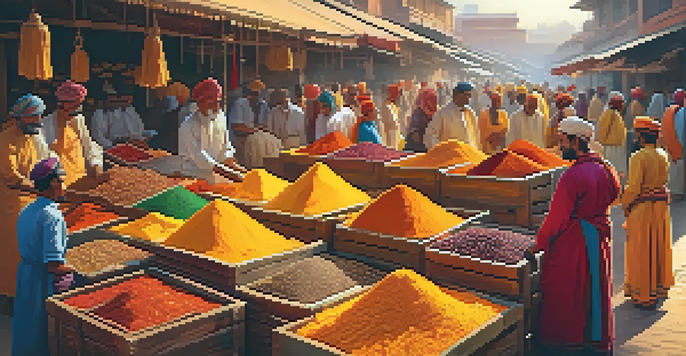 A lively market displaying various spices in colorful crates, with merchants and customers interacting under warm sunlight.
