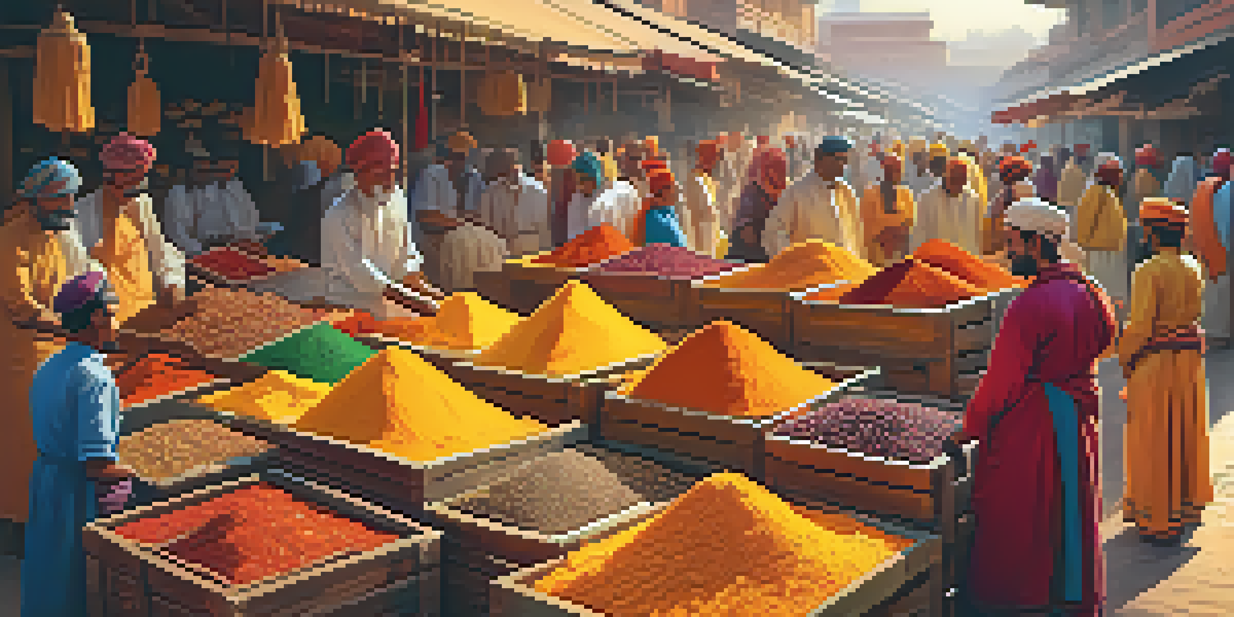A lively market displaying various spices in colorful crates, with merchants and customers interacting under warm sunlight.