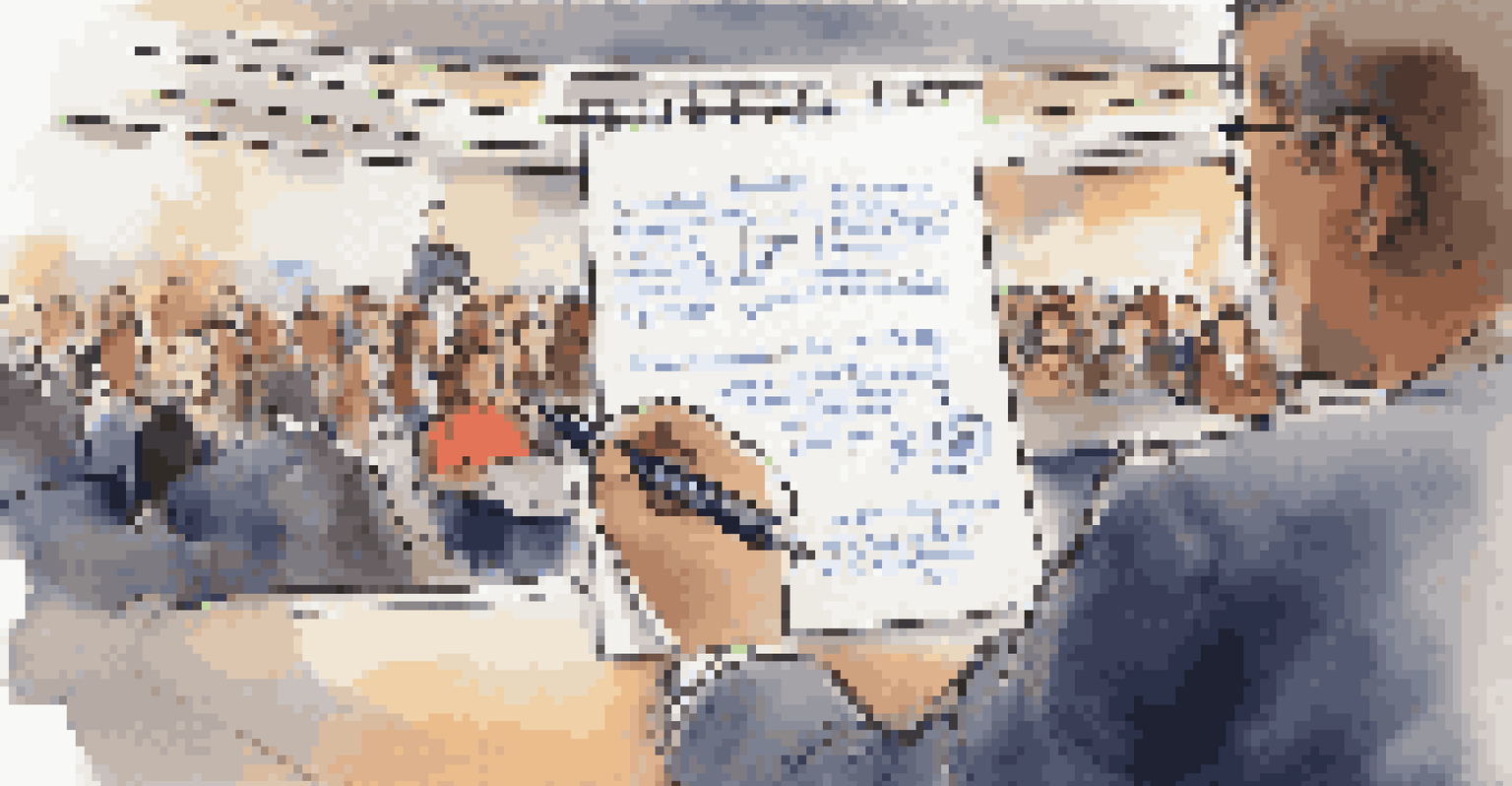 A close-up view of a notebook with handwritten notes and a pen, with a blurred stage and audience in the background.