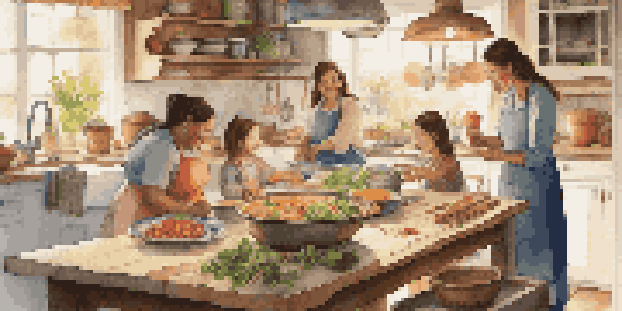 A host family and their guest happily cooking together in a cozy kitchen filled with fresh ingredients and warm light.