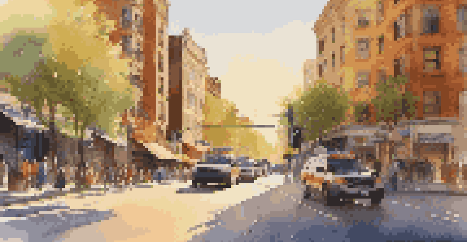 A ride-sharing vehicle on an urban street during golden hour, with pedestrians navigating using devices.