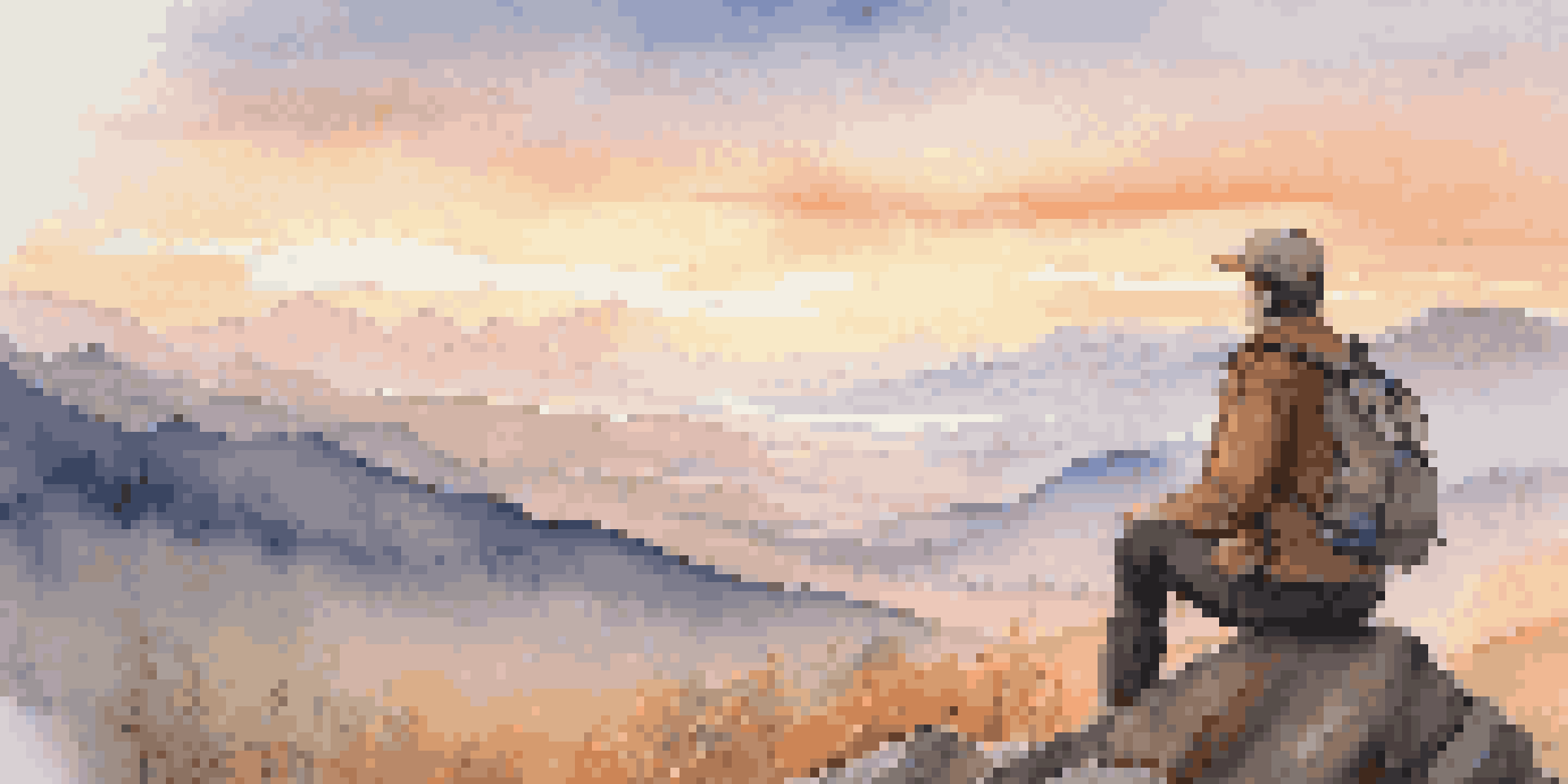 A solo traveler stands on a mountain peak at sunrise, overlooking a valley filled with mist and colorful wildflowers in the foreground.