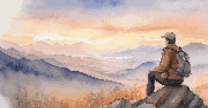 A solo traveler stands on a mountain peak at sunrise, overlooking a valley filled with mist and colorful wildflowers in the foreground.