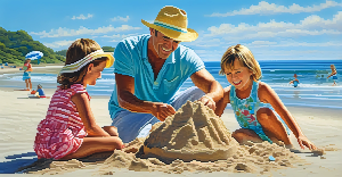 A family of four enjoying a beach vacation, building a sandcastle under a sunny sky.