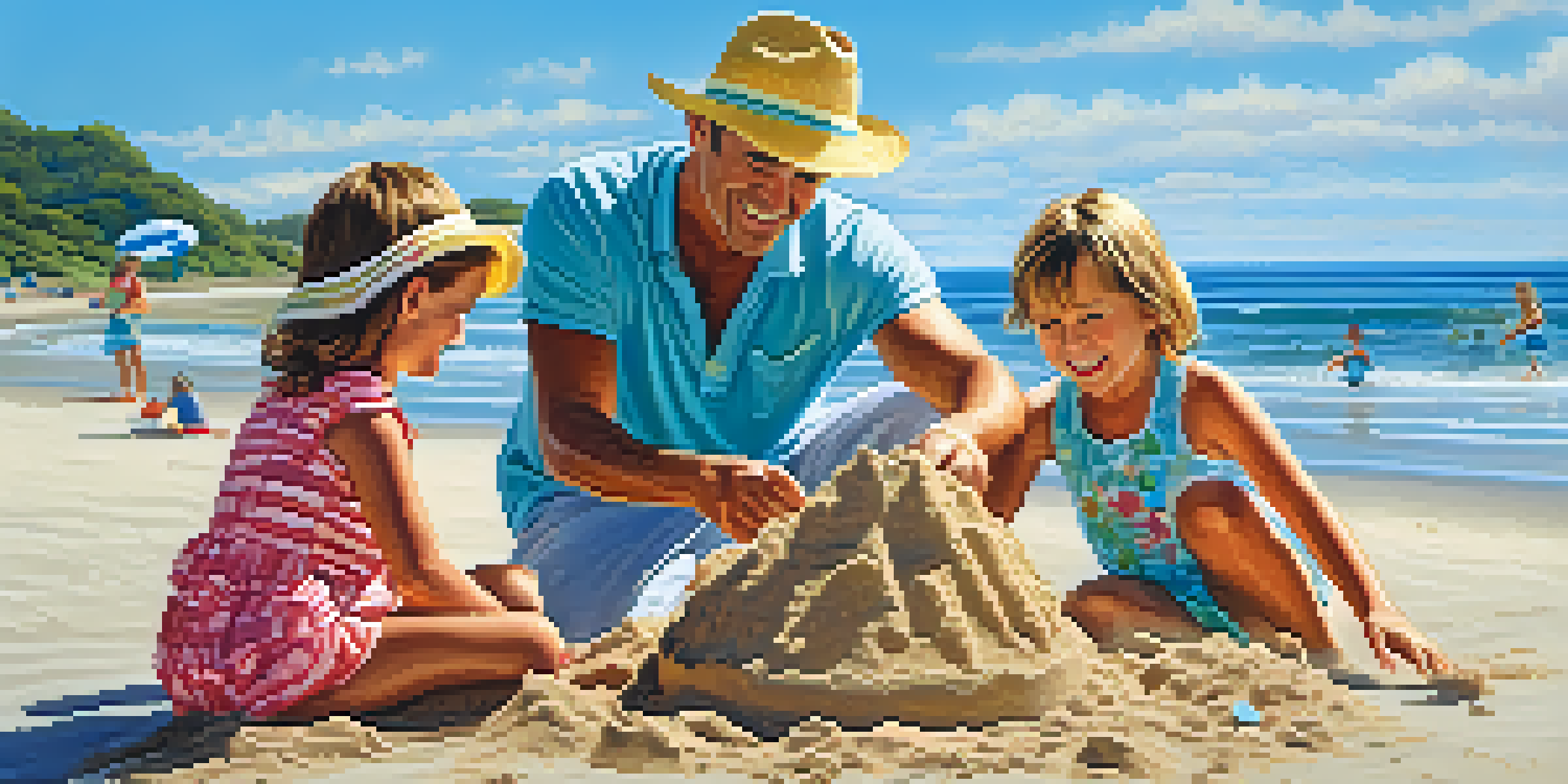 A family of four enjoying a beach vacation, building a sandcastle under a sunny sky.