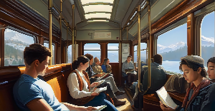 A serene train carriage filled with passengers who are maintaining personal space, reading and using devices calmly, with natural light filtering in from large windows.