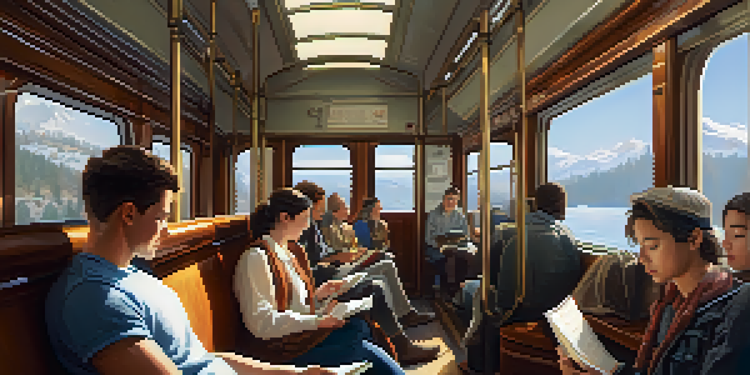 A serene train carriage filled with passengers who are maintaining personal space, reading and using devices calmly, with natural light filtering in from large windows.