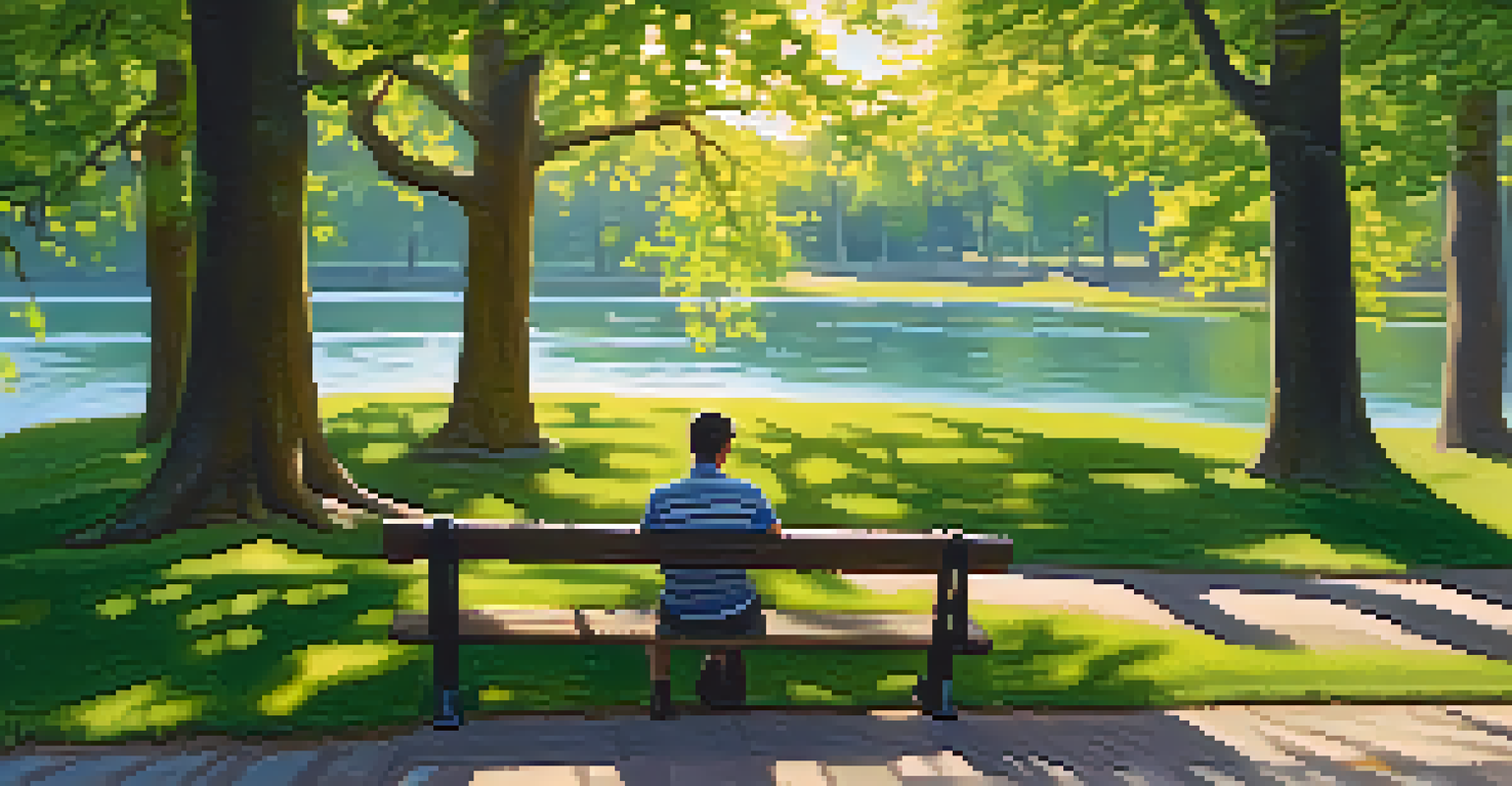 A traveler sitting on a park bench, video calling loved ones with a smartphone, surrounded by trees and a peaceful pond.