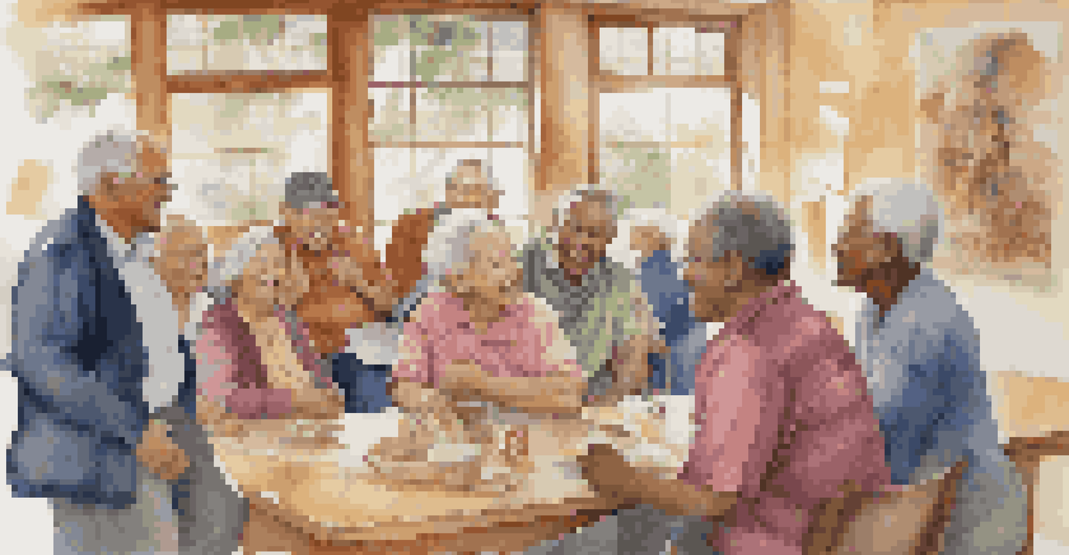 A diverse group of elders discussing and sharing stories in a brightly lit community center.