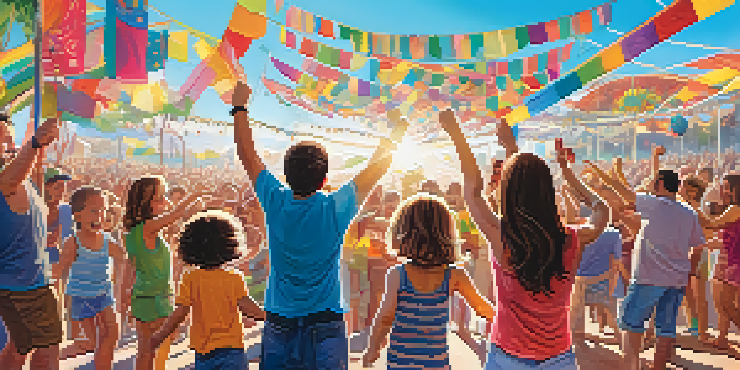 A family at a music festival, with children dancing and parents smiling, surrounded by colorful decorations and a clear sky.