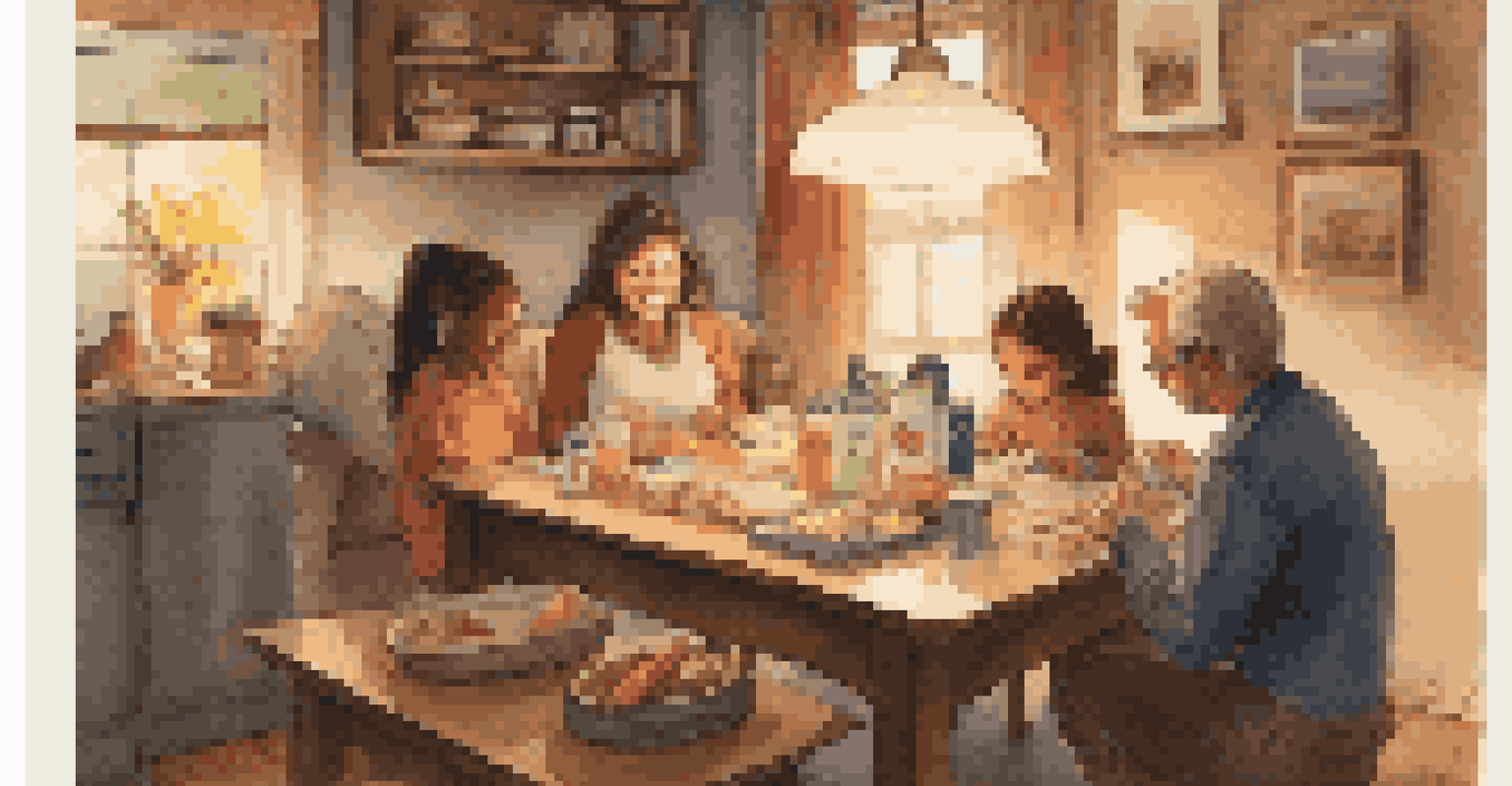 A family looking over their packing list at a table filled with personal items and games in a cozy room.