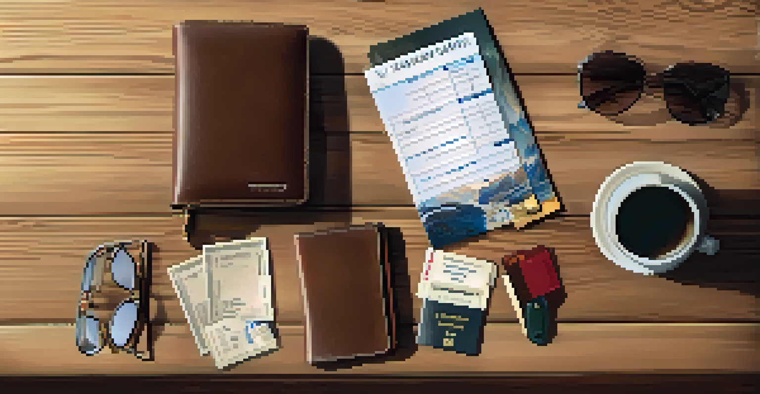 An organized travel wallet with passports and tickets on a wooden table next to a cup of coffee.