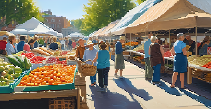 A lively farmer's market showcasing fresh fruits, vegetables, and handmade goods, with people engaging with vendors under bright sunlight.