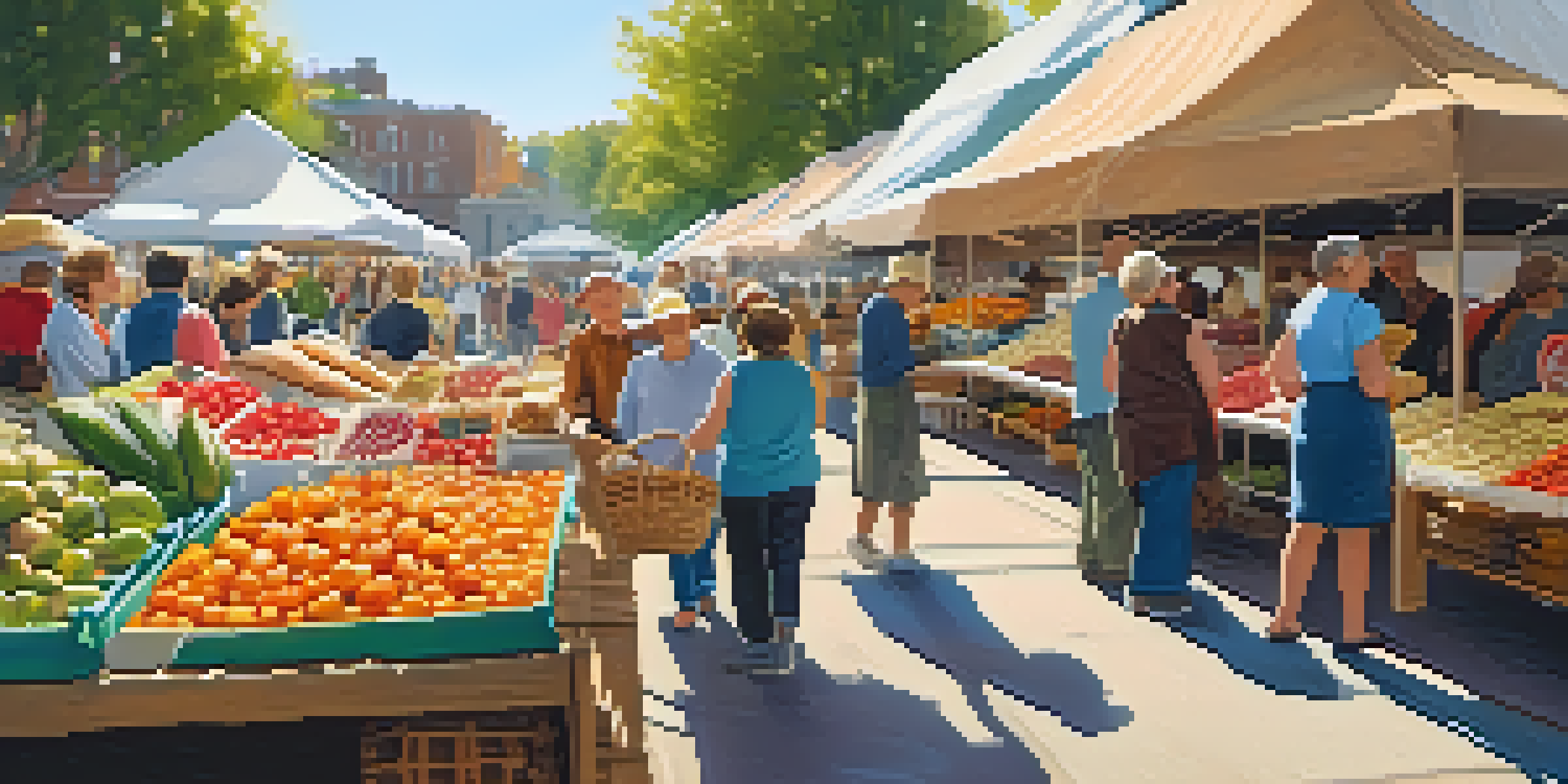 A lively farmer's market showcasing fresh fruits, vegetables, and handmade goods, with people engaging with vendors under bright sunlight.