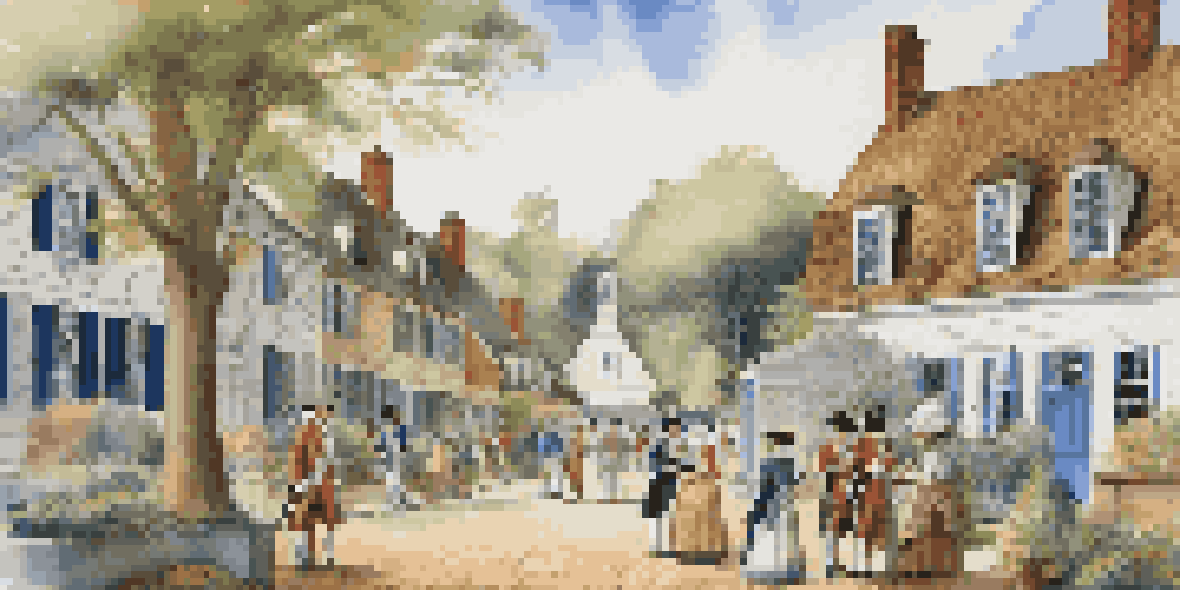 A historic street in Colonial Williamsburg with cobblestone paths and colonial-style houses, featuring costumed interpreters interacting with visitors.