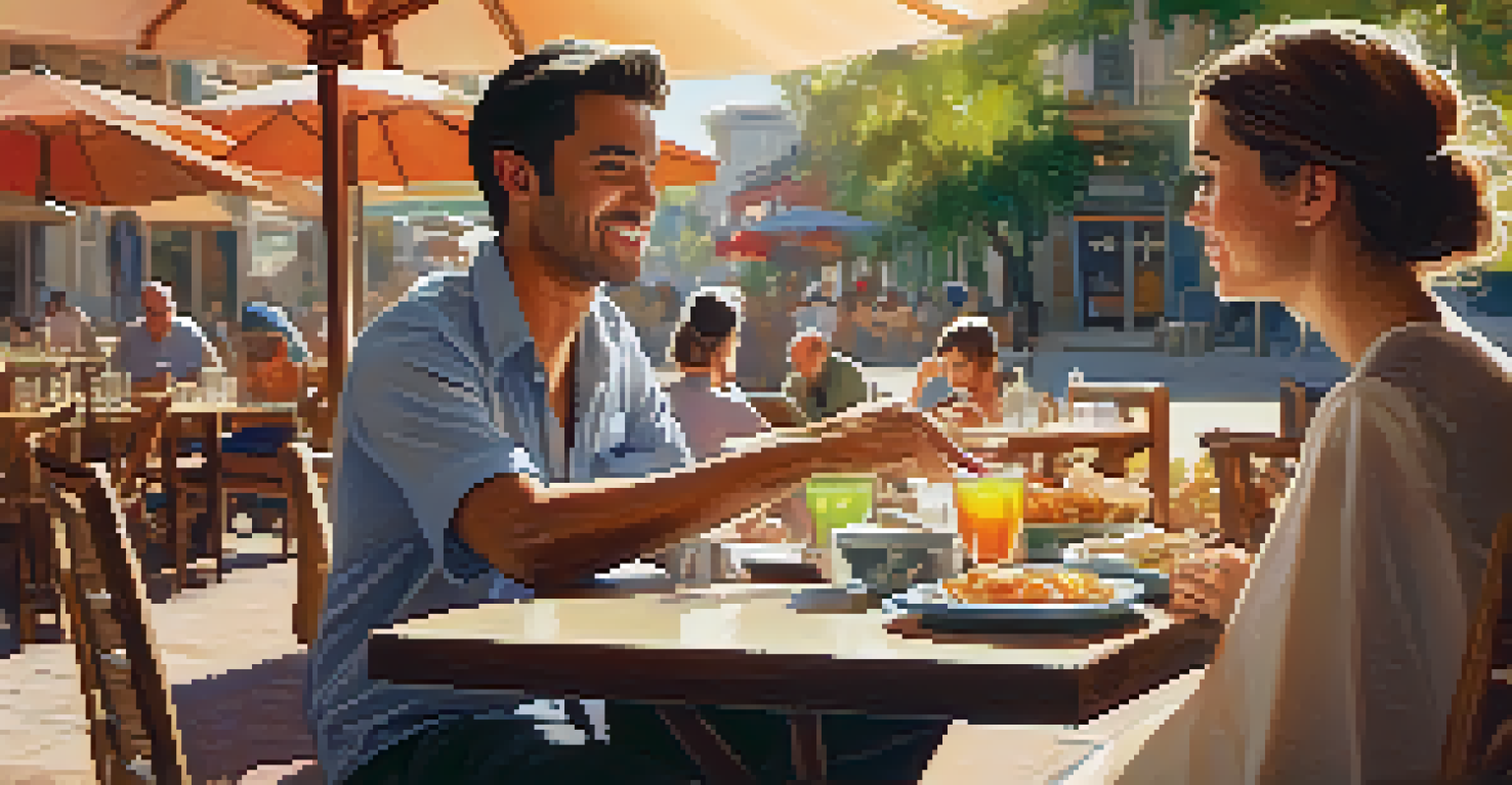 A traveler discussing nut allergies with a restaurant staff member in an outdoor setting, with colorful dishes in the background.