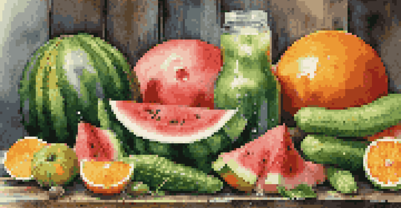A colorful display of hydrating fruits and vegetables on a wooden table.