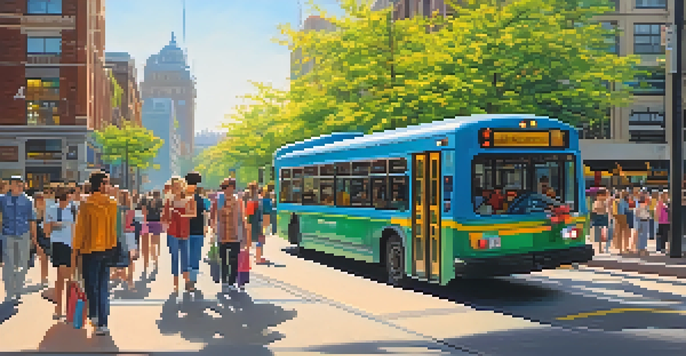 A lively city street scene depicting travelers using public transportation, with a colorful bus and a train station surrounded by flowers and trees.