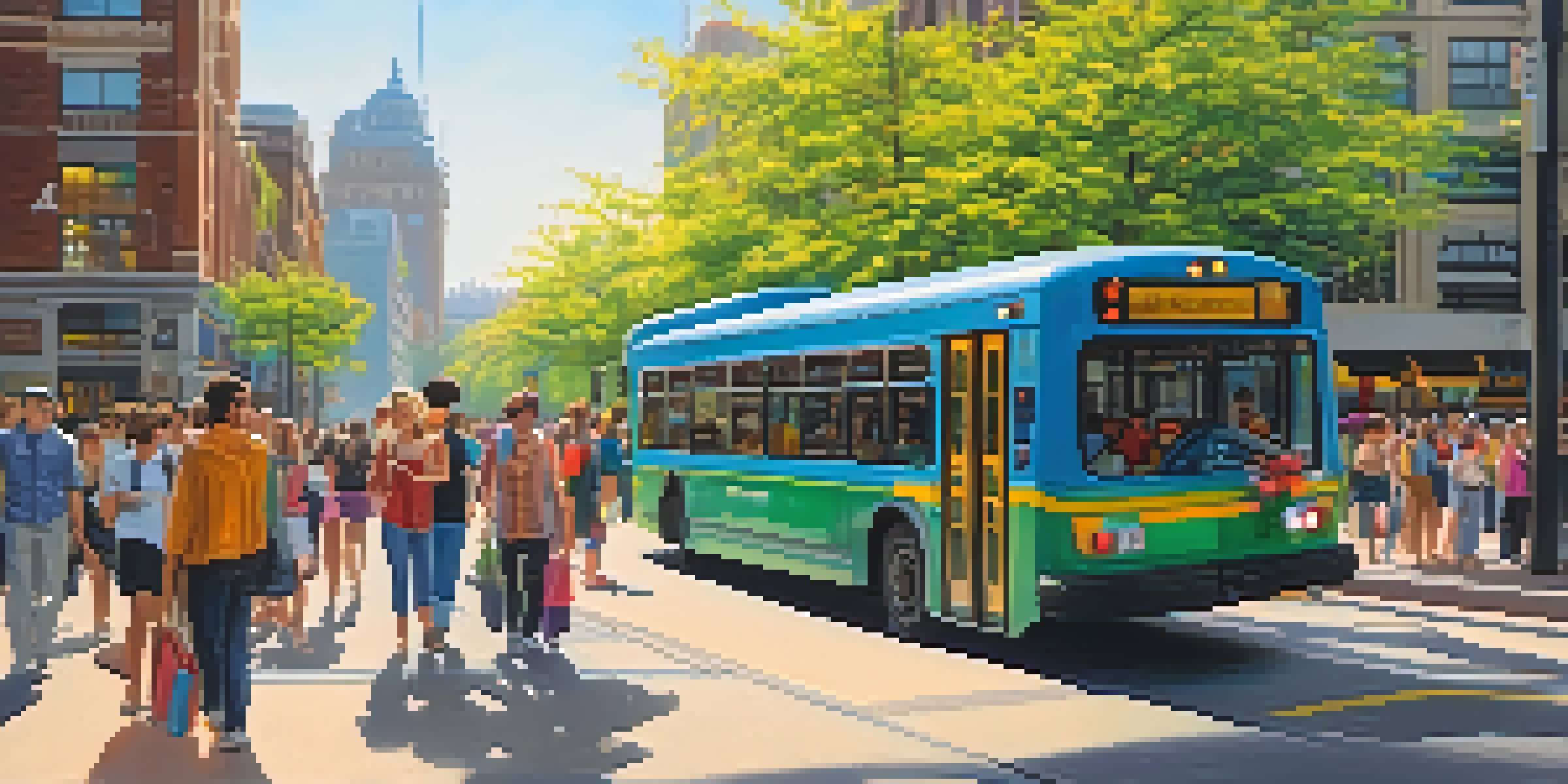 A lively city street scene depicting travelers using public transportation, with a colorful bus and a train station surrounded by flowers and trees.