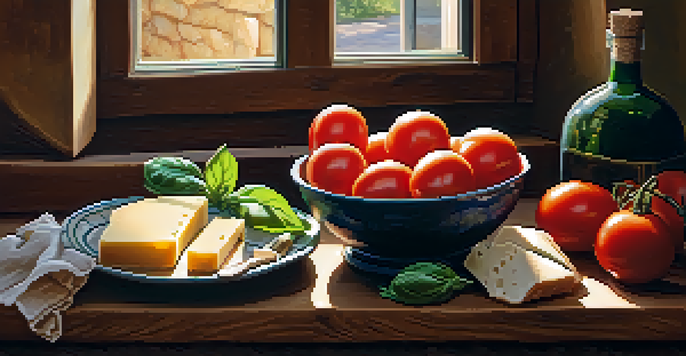 A rustic Italian kitchen with fresh ingredients on a wooden table, including tomatoes, basil, olive oil, and handmade pasta, illuminated by warm sunlight.