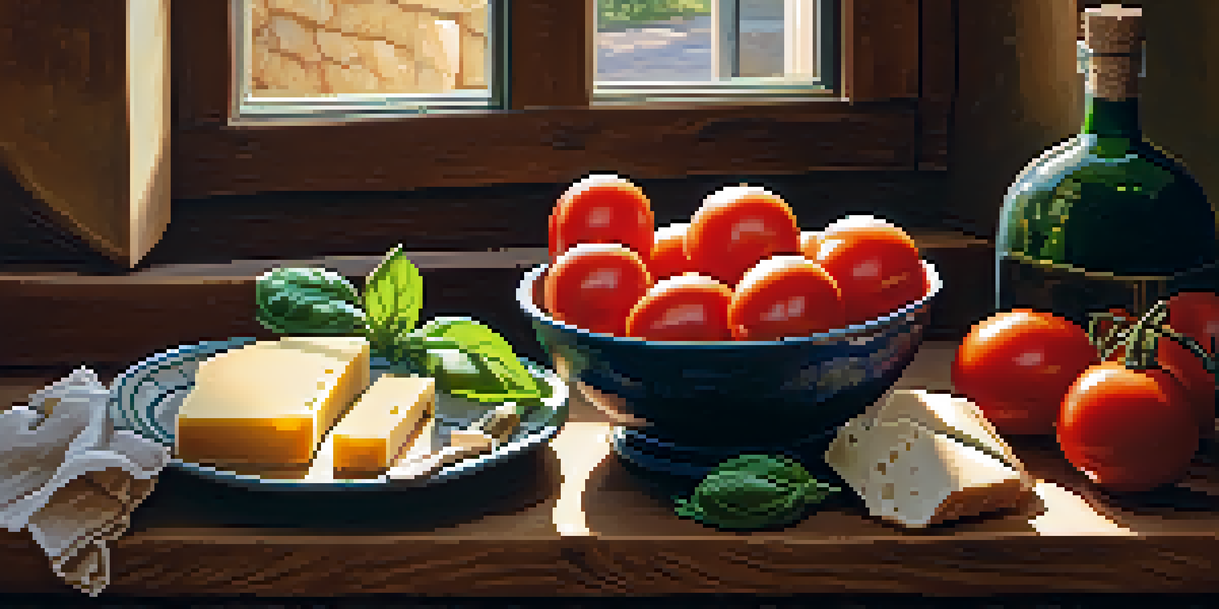 A rustic Italian kitchen with fresh ingredients on a wooden table, including tomatoes, basil, olive oil, and handmade pasta, illuminated by warm sunlight.