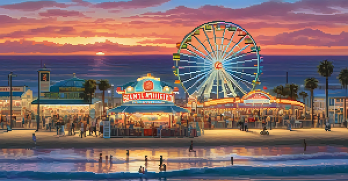 A colorful sunset at Santa Monica Pier featuring the Ferris wheel and carousel, with people enjoying the scene.