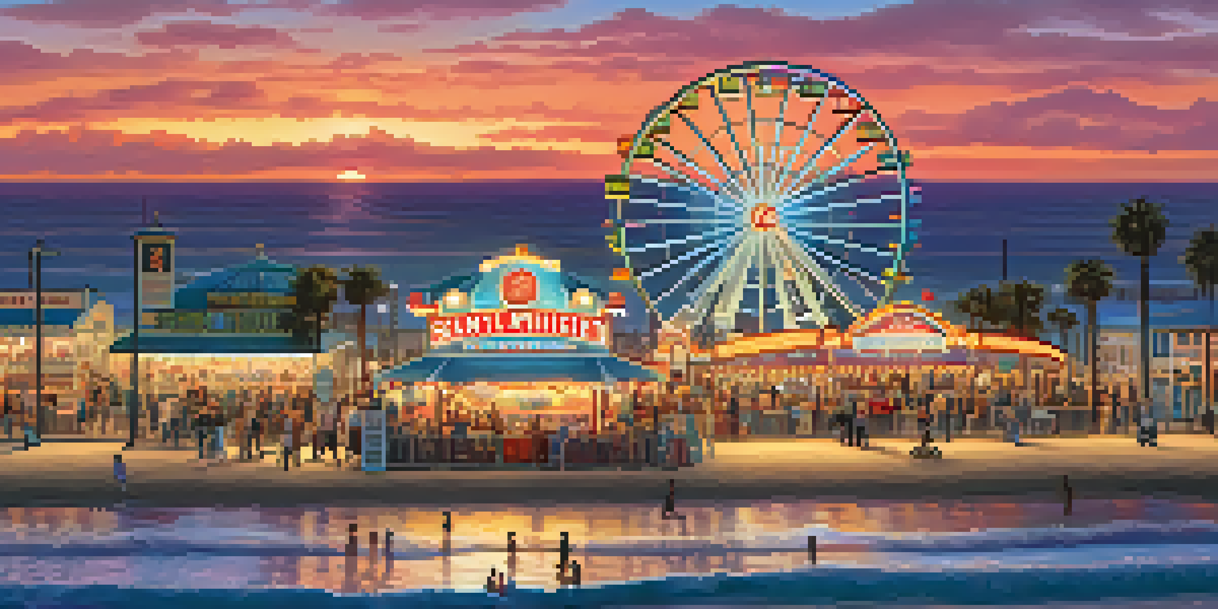 A colorful sunset at Santa Monica Pier featuring the Ferris wheel and carousel, with people enjoying the scene.