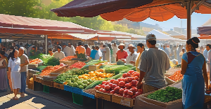 A vibrant local market with colorful fruits and spices, busy vendors, and warm sunlight.