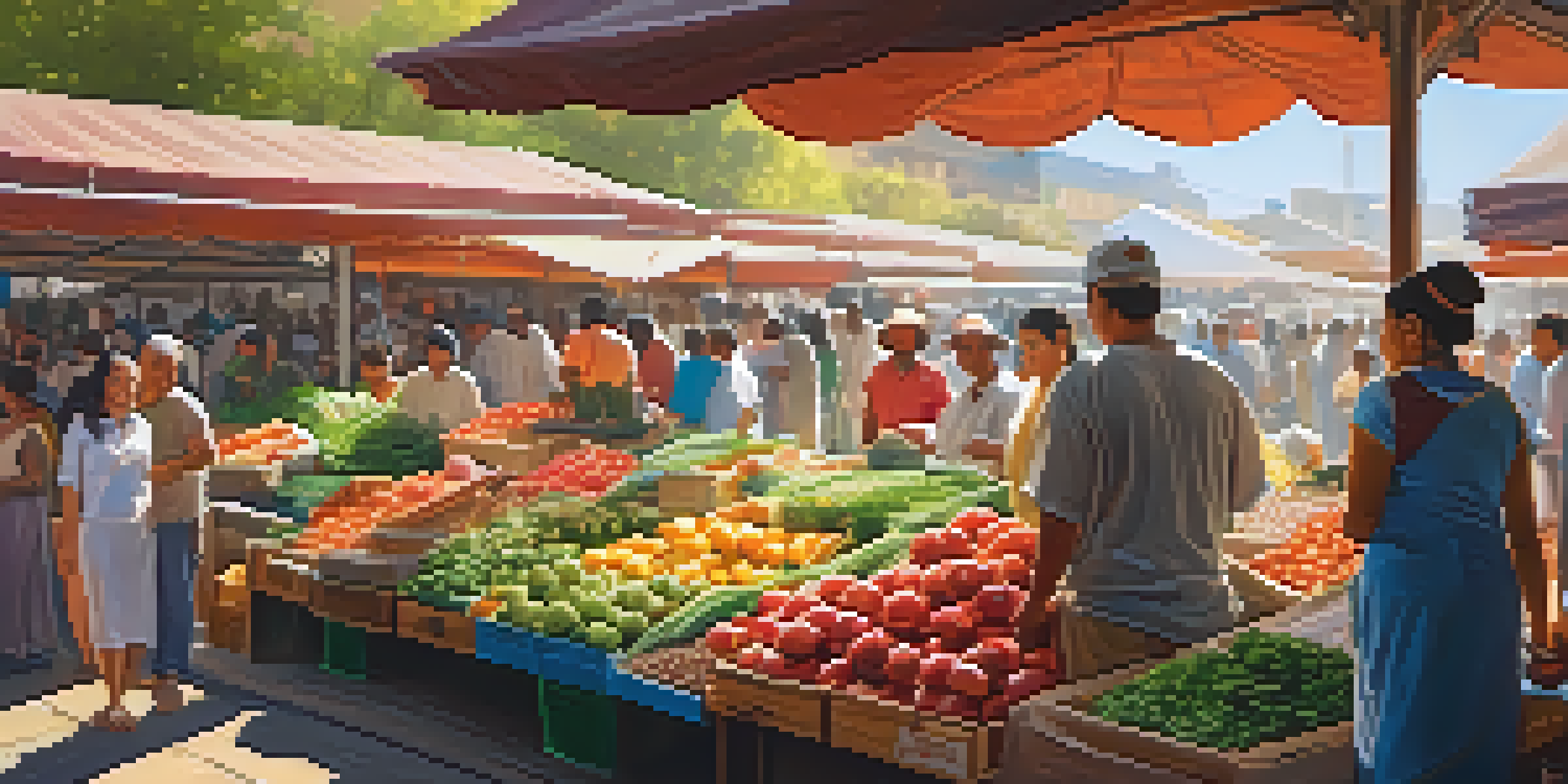 A vibrant local market with colorful fruits and spices, busy vendors, and warm sunlight.