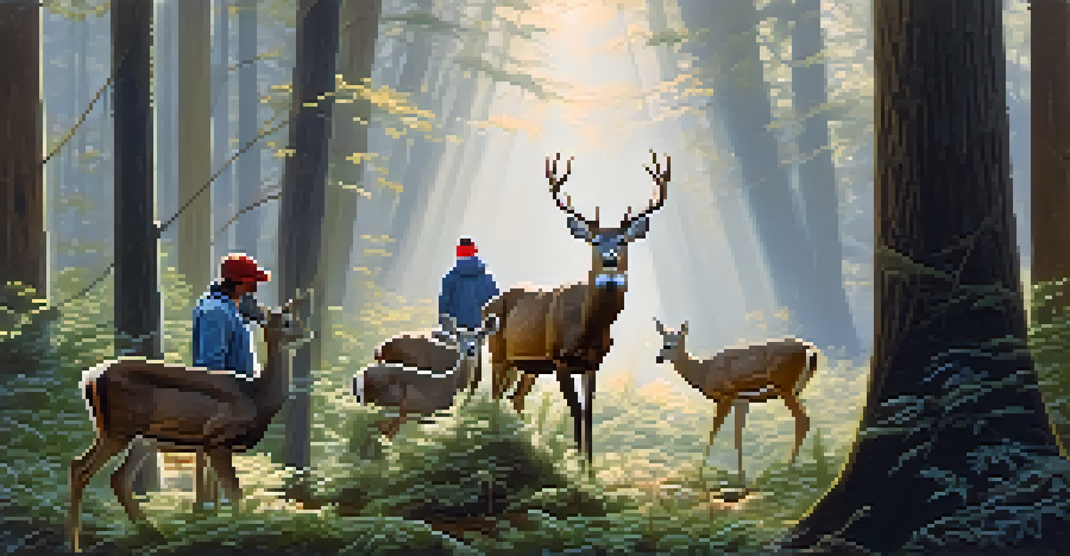 A wildlife photographer observing deer in a peaceful forest, capturing their interactions with a zoom lens.