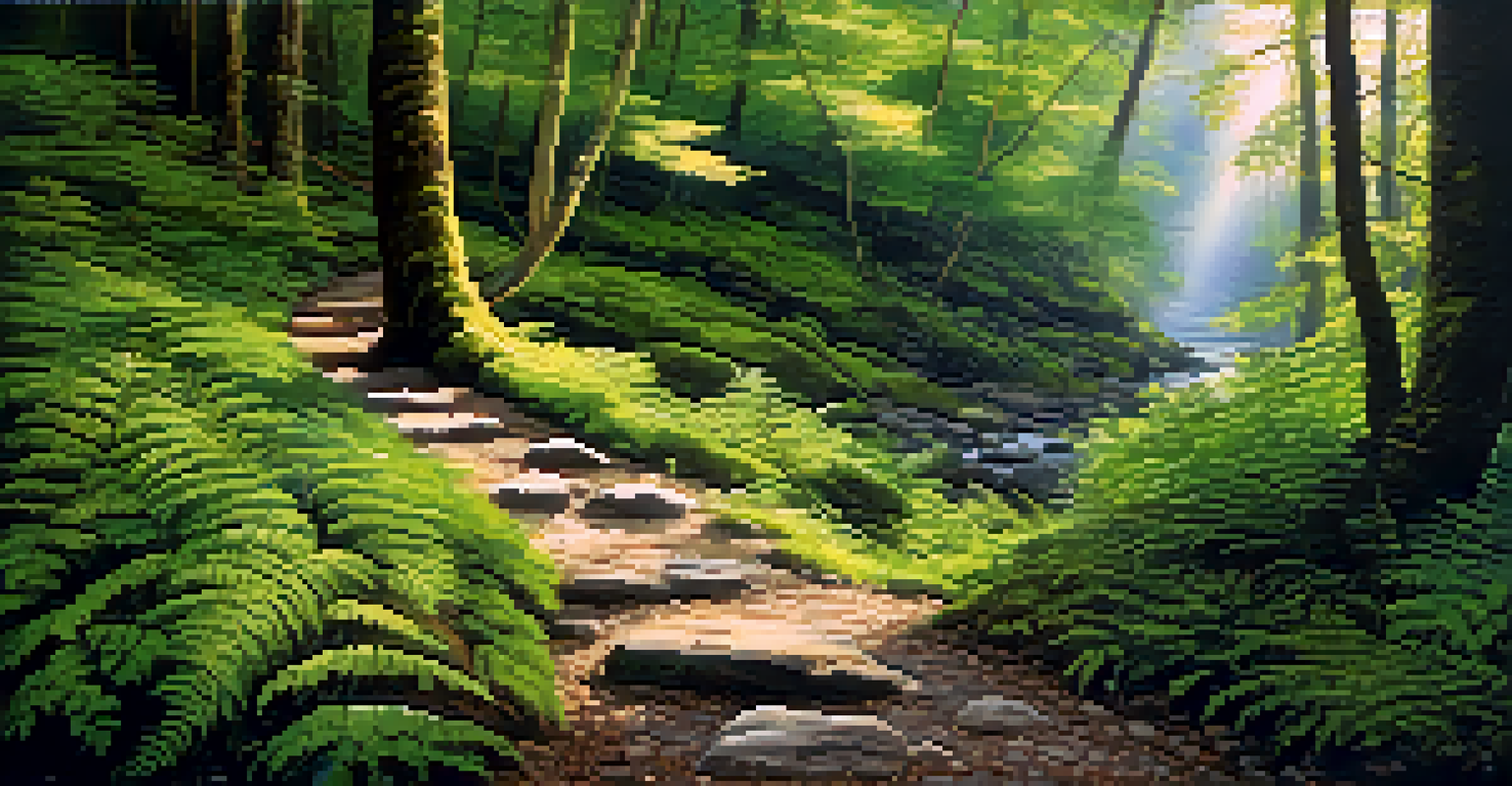 A hiking trail in a lush forest with sunlight filtering through the trees, lined with ferns and moss-covered stones.