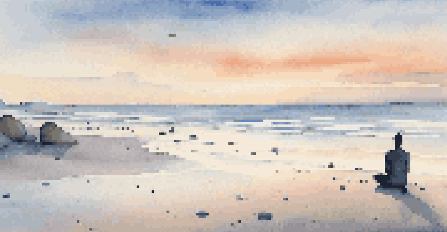 A calm beach at sunrise with a person practicing yoga on the sand, surrounded by seashells.
