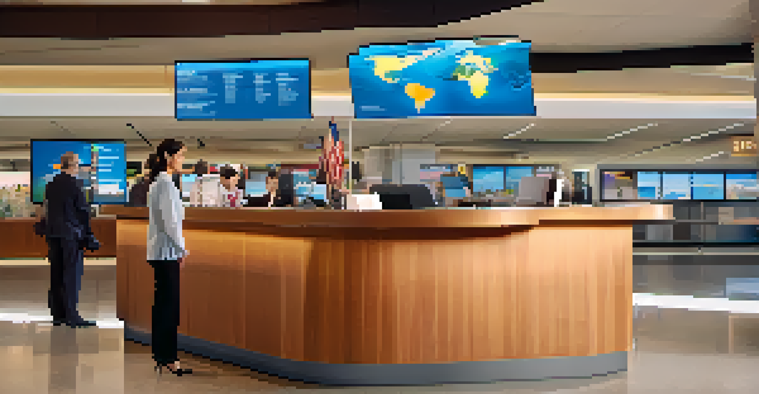 An airport information desk with a staff member helping a traveler, surrounded by maps and screens.