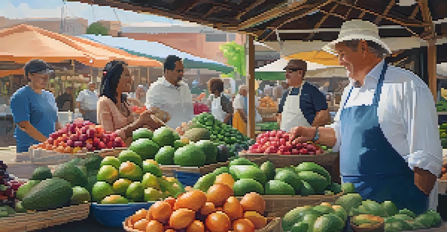 A local vendor demonstrating how to select ripe avocados in a market, surrounded by colorful fruits and vegetables, with a warm and inviting ambiance.