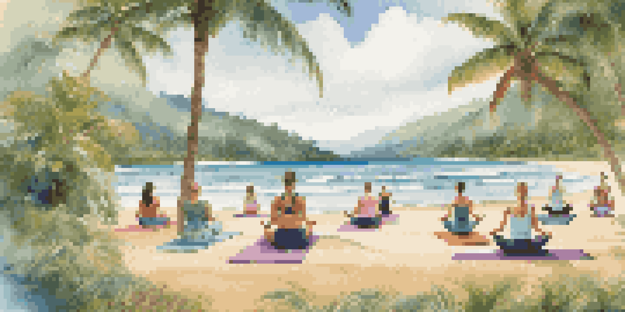 A diverse group of people practicing yoga on a beach in Costa Rica, surrounded by palm trees and a lush rainforest.