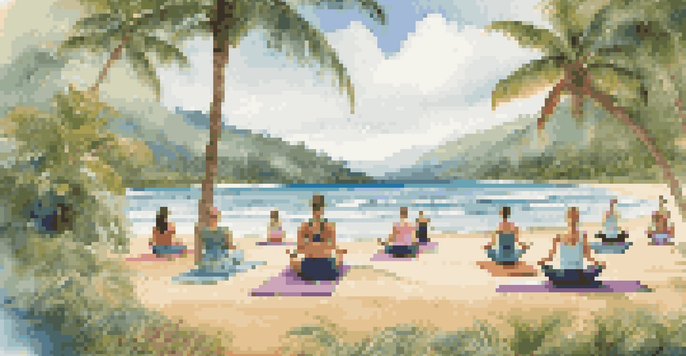 A diverse group of people practicing yoga on a beach in Costa Rica, surrounded by palm trees and a lush rainforest.