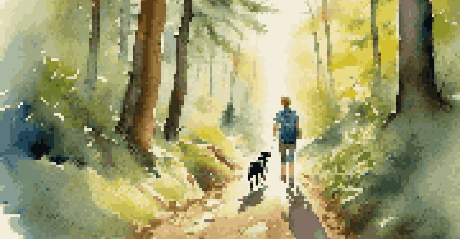 A family hiking in a forest with a dog, enjoying the outdoors with sunlight filtering through the trees.