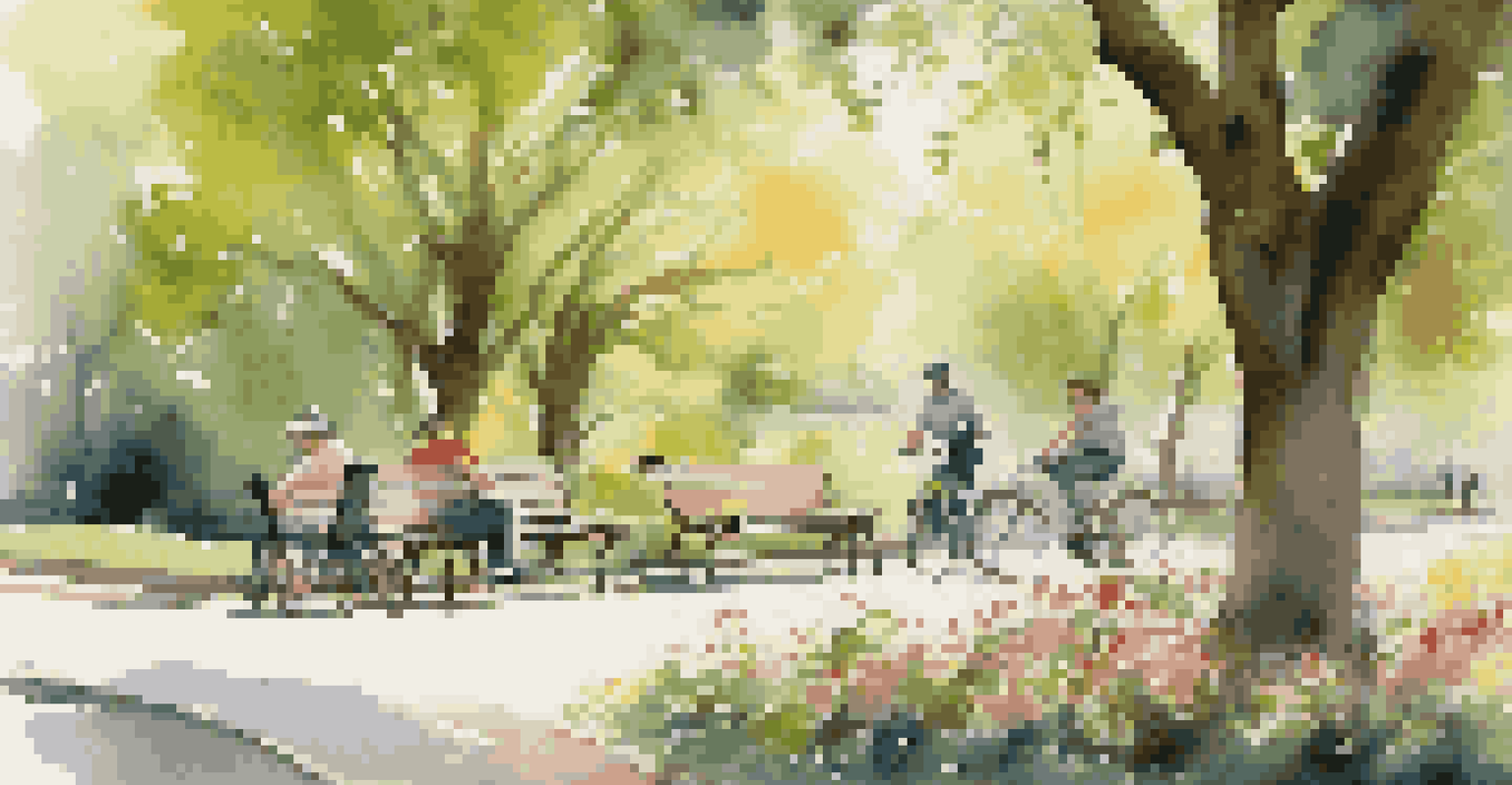 A cyclist resting on a bench in a serene park, with a bike beside them, surrounded by blooming flowers and trees, while friends enjoy a picnic nearby.