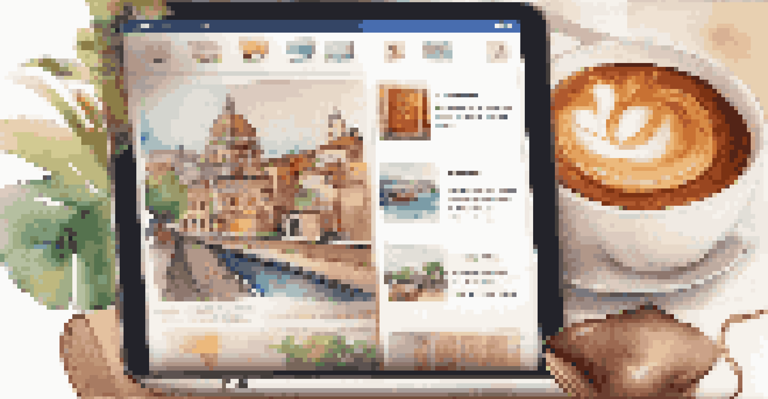 A hand scrolling through a social media interface filled with travel photos and tips, set in a cozy café with a coffee cup.