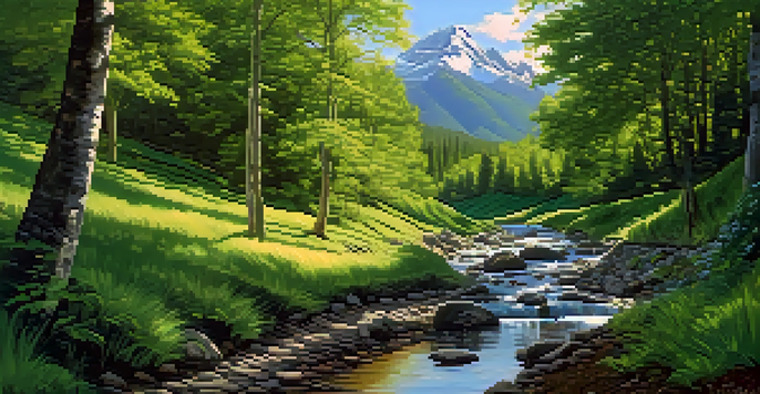 A scenic hiking trail surrounded by green trees and mountains, with sunlight shining through the leaves.