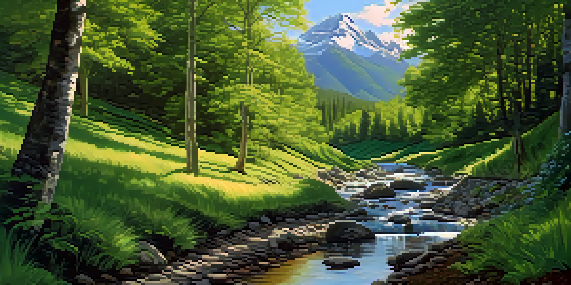 A scenic hiking trail surrounded by green trees and mountains, with sunlight shining through the leaves.