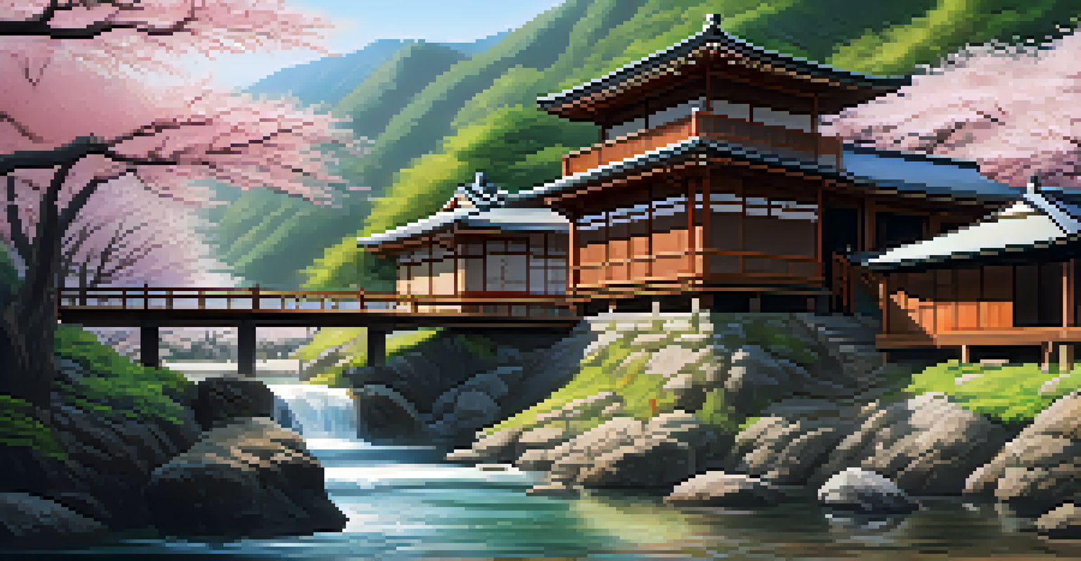 A traditional Japanese hot spring surrounded by mountains and cherry blossoms.