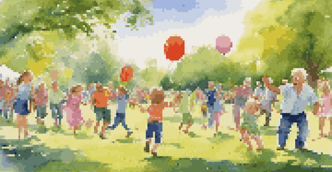 A joyful family reunion in a park with people of all ages participating in games like sack races and tug-of-war, surrounded by colorful decorations.