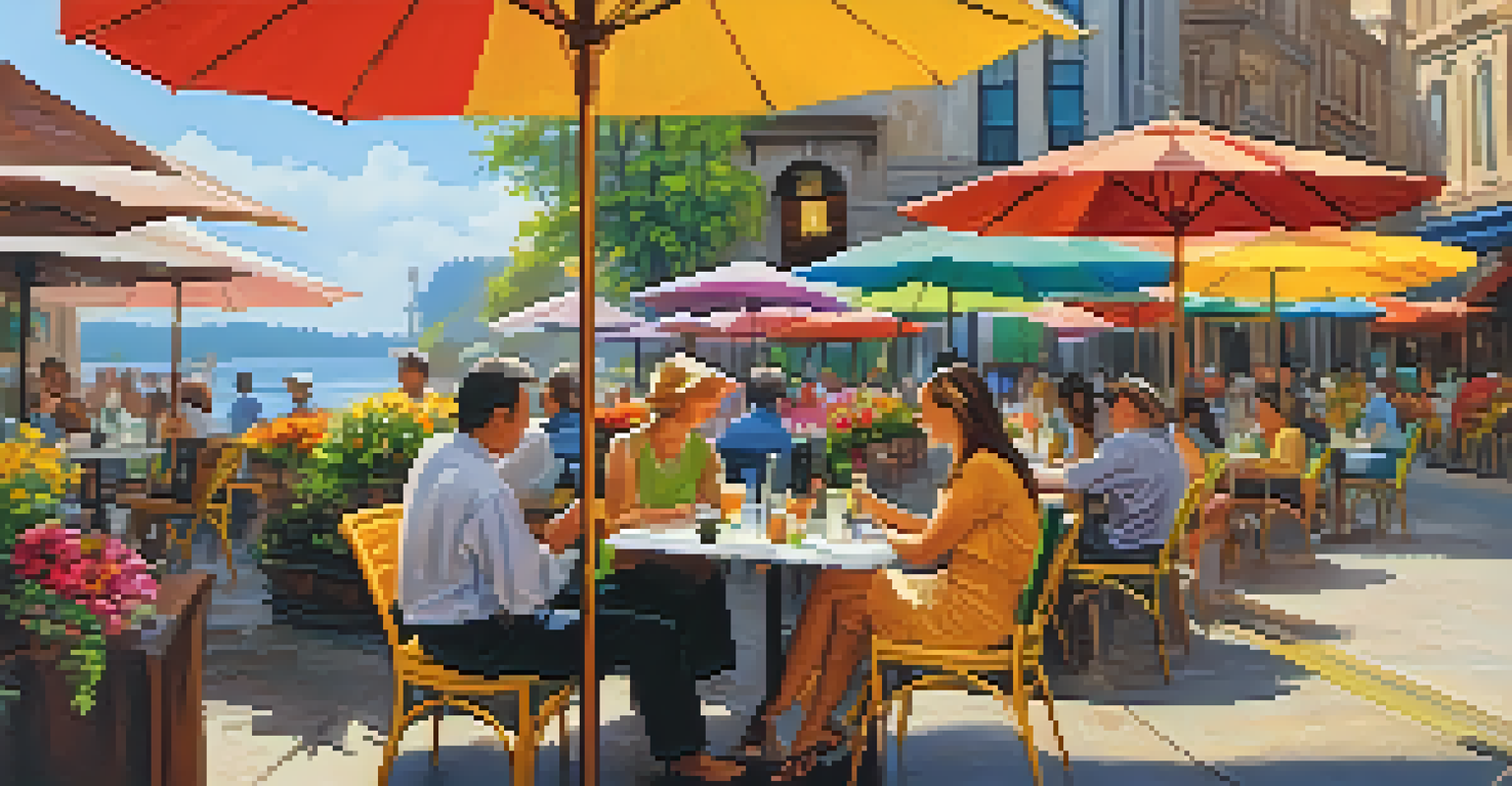 An outdoor café filled with colorful flowers, patrons enjoying drinks under bright umbrellas, with lots of natural light.