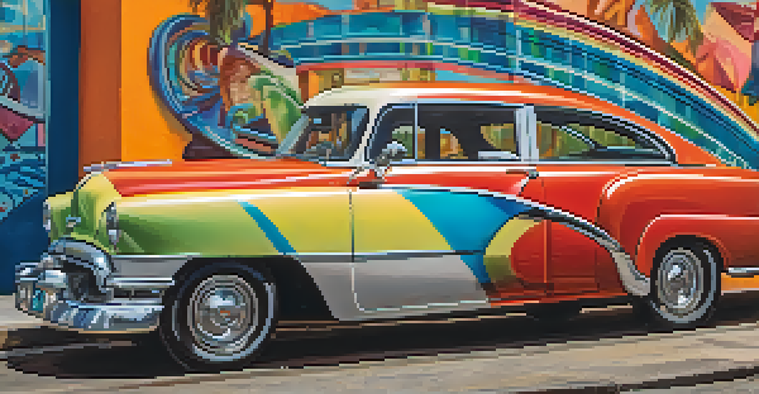 A classic car in front of a colorful mural in Havana, highlighting the city's vintage style.