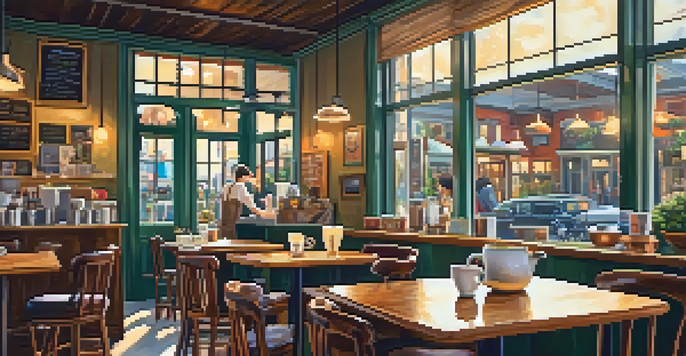 A cozy café with colorful coffee cups, a barista serving a latte, and sunlight streaming through large windows.