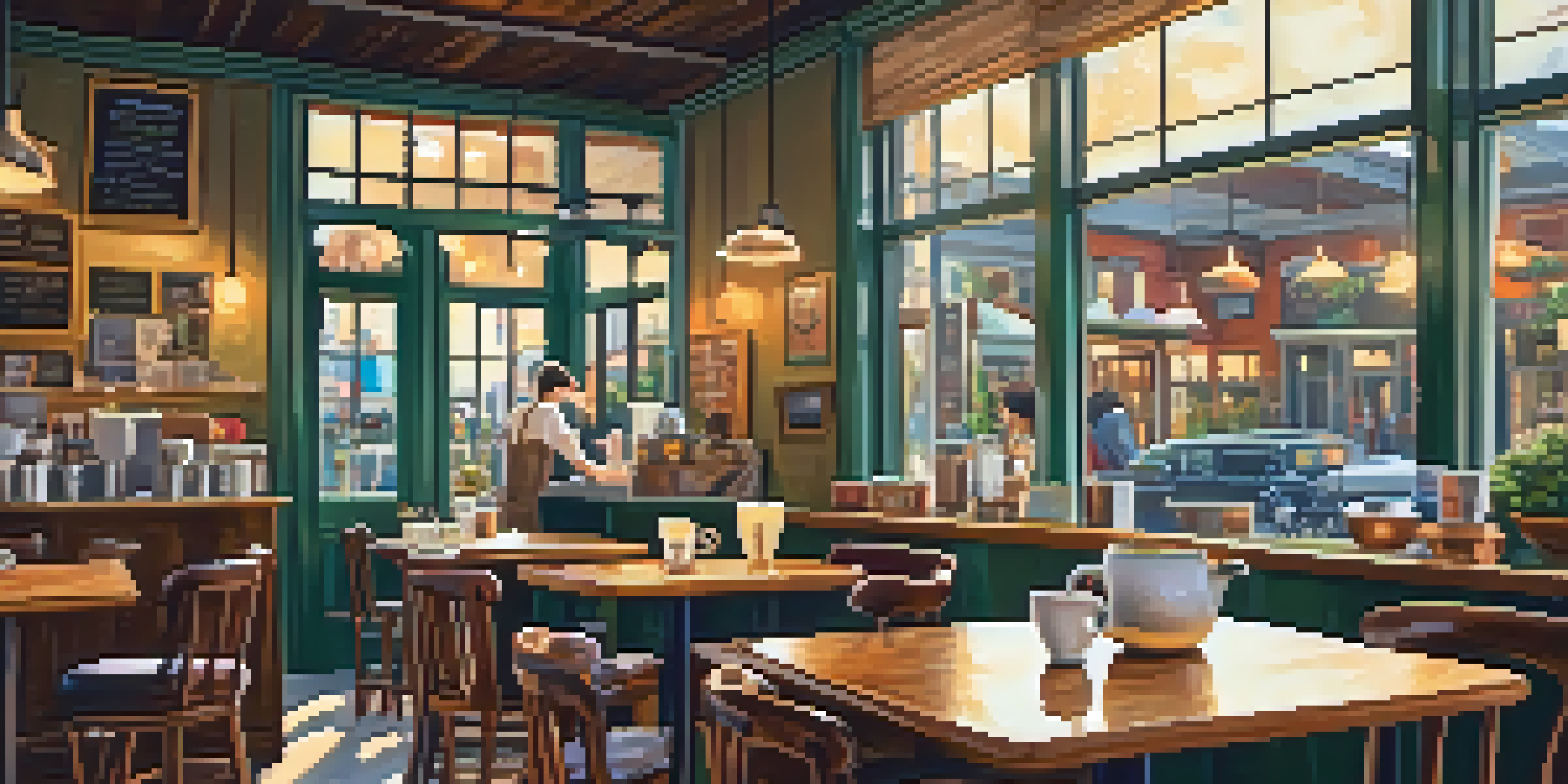 A cozy café with colorful coffee cups, a barista serving a latte, and sunlight streaming through large windows.